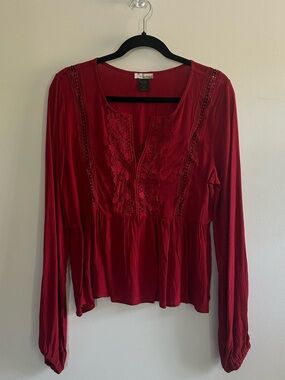 Wild Moss Red Long-Sleeve Lace Detail Peasant Blouse